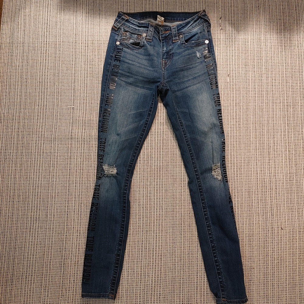 True Religion Blue Distressed Section Skinny Jeans Women’s Size 26 Logo On Leg